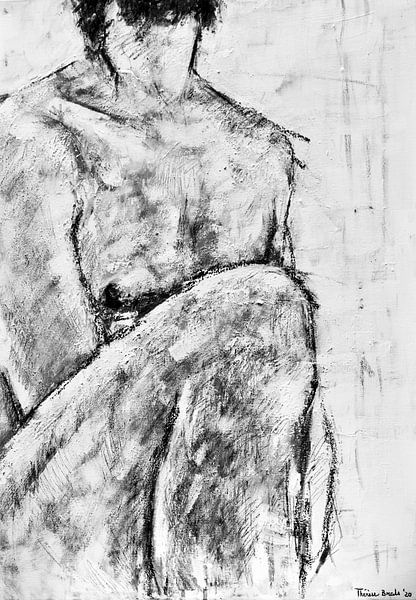 Gemälde eines nackten männlichen Modells in Schwarz-Weiß. von Therese Brals