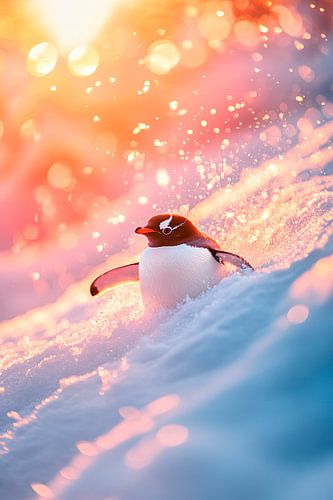 Pinguïn babbelend bij zonsondergang
