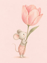 Souris fantaisiste avec une tulipe rose géante sur Thomas burnet