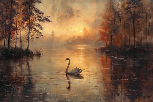 Swan swimming in a lake during early dawn