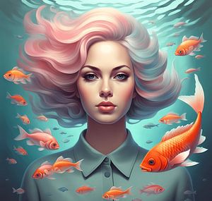 Femme entourée de poissons