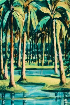 Palmbomen aan het water in turquoise van Anna Marie de Klerk