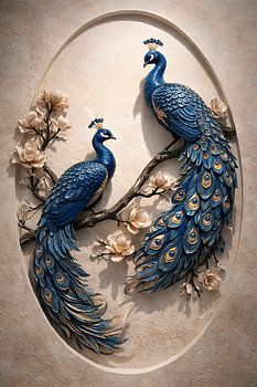 Paons bleus et fleurs de magnolia – Œuvre d'art en 3D