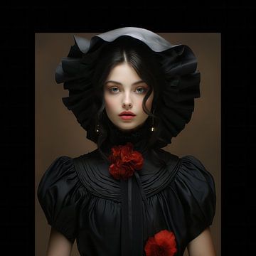 Portrait moderne d'une jeune femme en noir et rouge. sur Carla Van Iersel