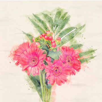 Petit bouquet de gerberas, style aquarelle sur Naomi van Mierlo