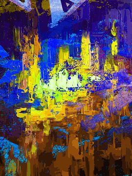 Modernes, abstraktes digitales Kunstwerk in Blau Lila Gelb von Art By Dominic