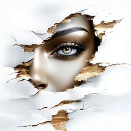 half-dark face with open eye behind torn white and gold cardboard by Margriet Hulsker