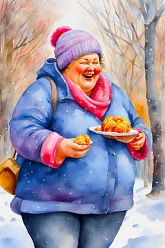 une femme douillette mange des oliebollen dans la neige sur De gezellige Dames