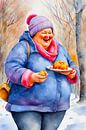 gezellige dame eet oliebollen in de sneeuw van De gezellige Dames thumbnail