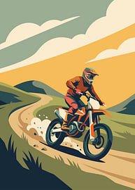 Motocross-Fahrer, der einen kurvenreichen Bergpfad hinunterfährt, Staubwolke, Himmel bei Sonnenuntergang von Adam Khabibi
