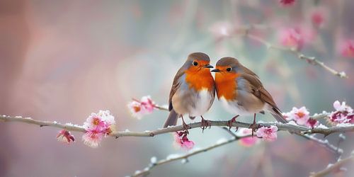 Two robins on a flowering branch in spring