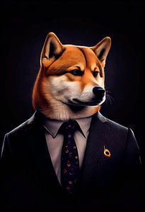 Stattlich stehendes Porträt einer Shiba-Inu-Kuh im Anzug