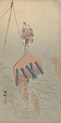Ringmus op vogelverschrikker van Ohara Koson