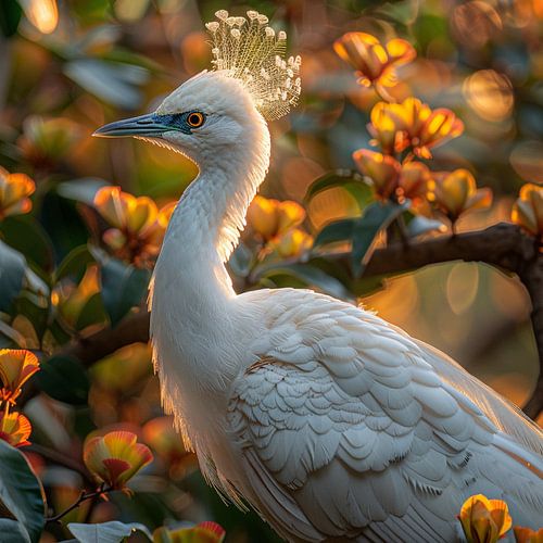 Une élégante aigrette blanche parmi les fleurs orange