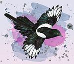 Een aquarel tekening van een vliegende ekster van Bianca Wisseloo thumbnail