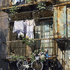 Stadtbild Wohnhaus Balkon Wäscheleine Fahrrad Blumenkästen