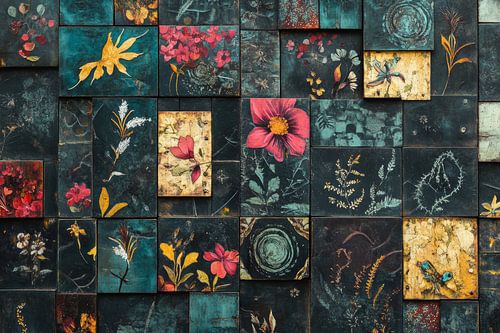 3D-florale kunst als patchwork met ouderwetse tegels