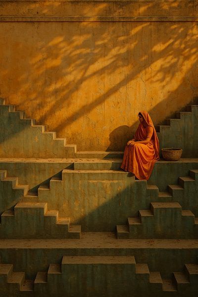 Silence in the stepwell - woman in sunlight by But First Framing
