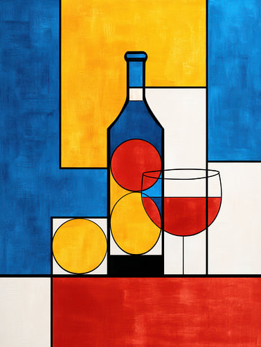 Flasche und Wein in Farbblöcken