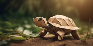 Schildpad op Strand Origami Muur Canvas van Surreal Media