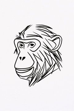 Dessin au trait d'un singe minimaliste en noir et blanc sur De Muurdecoratie