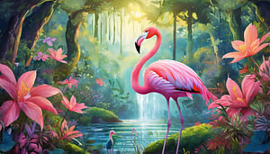 Flamingo steht in einem magischen Märchenwald mit Blumen