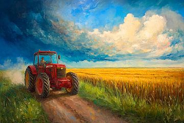 Rode tractor in het gouden veld van Poster Art Shop