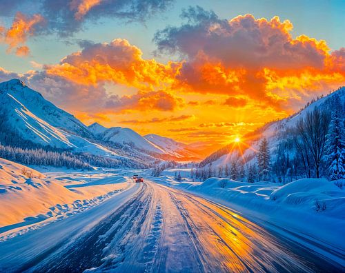 Routes au coucher du soleil en hiver à travers les montagnes