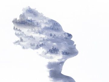 Laat het gaan (blauw aquarel schilderij portret vrouw bos bomen silhouet gezicht kapsel abstract) van Natalie Bruns