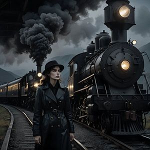attraktive Frau vor einer alten Dampflokomotive