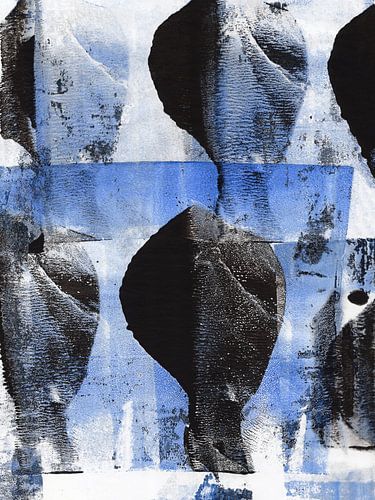 Abstracte organische vormen in zwart, wit en blauw.