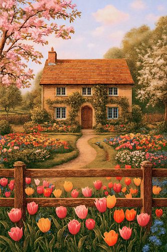 Maison de campagne au printemps dans un jardin de tulipes – peinture à l'huile