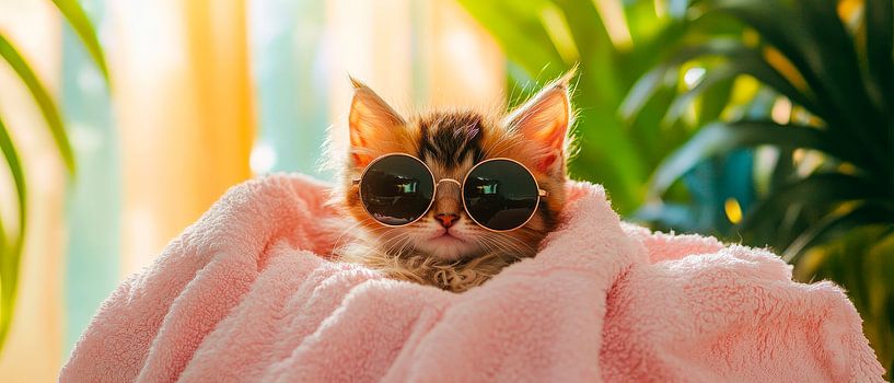Cat with sunglasses in a cuddly blanket by Poster Art Shop