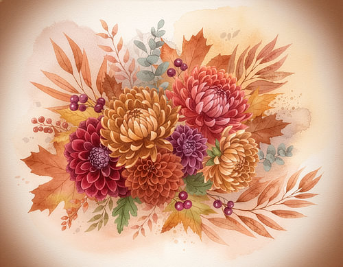 Composition florale artistique d'automne avec des chrysanthèmes, des dahlias et des baies – aquarelle peinte à la main sur Animaflora PicsStock
