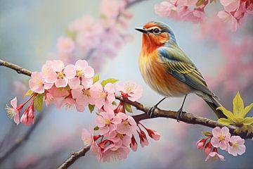 bunter Singvogel auf einem blühenden Zweig im Frühling