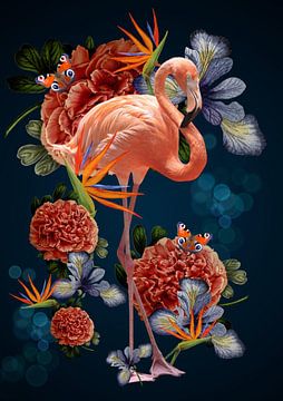 Flamingo met vintage style bloemen donker van Postergirls