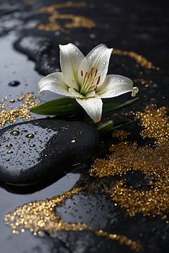 White lily with golden sheen on black by De Muurdecoratie