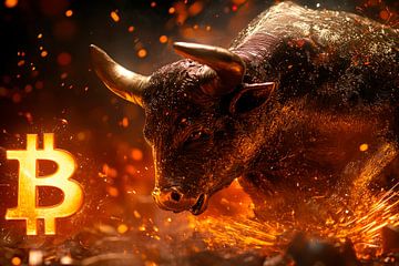 Bull and Bitcoin symbol - fire motif by Poster Art Shop