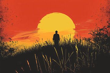 Persoon Contempleert Zonsondergang in Vurig Landschap van Art & Soul Creations