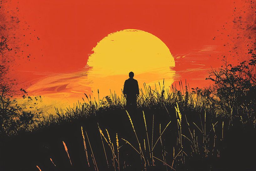 Person Contemplates Sunset in Fiery Landscape by Art & Soul Creations