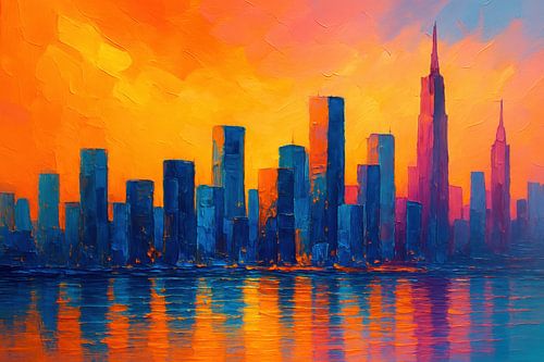 Stadssilhouet met waterreflectie