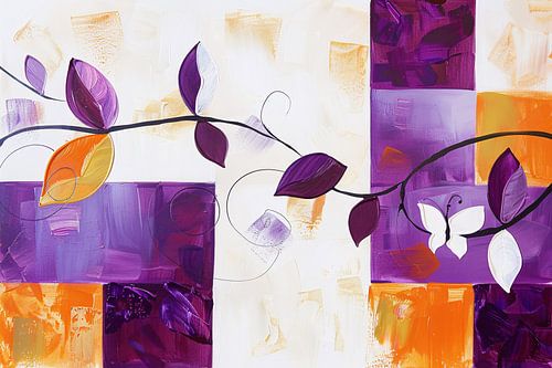 Kleurrijk abstract schilderij met bladeren en vlinder