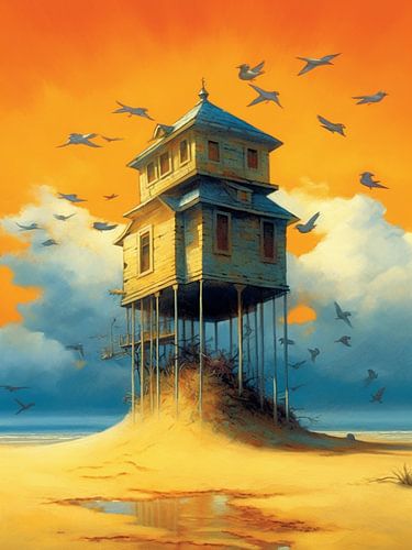 surrealisme huis stelten strand vogels visioen droom wereld kunst