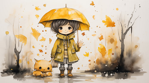 Watercolour painting of a witch girl in a yellow raincoat and holding a yellow umbrella
