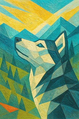 Een geometrisch schilderij van een husky.