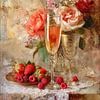 Champagne en Rozen Stilleven - Romantisch en Elegant Schilderij van Joriali Fine Art