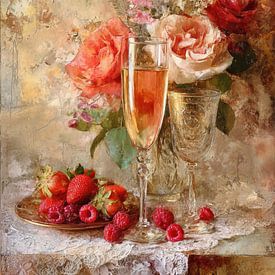 Nature morte au champagne et aux roses - Peinture romantique et élégante sur Joriali photographie et peintures