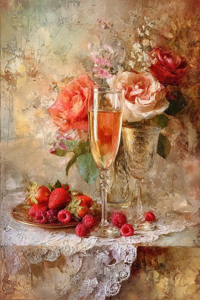 Champagne and Roses Still Life - Romantic and Elegant Painting by Joriali photography and paintings