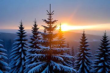 Crépuscule doré dans la forêt hivernale