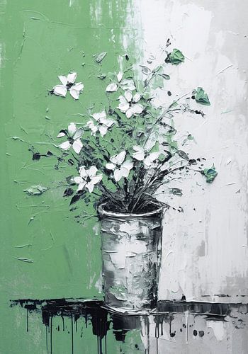 Fleurs dans un vase vert Impasto iconique en noir et blanc